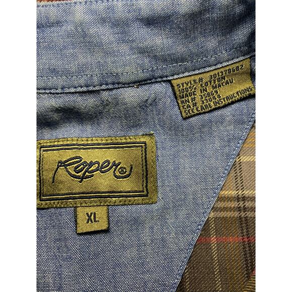 Roper button up shirt plaid browns size xl 100% cotton - Picture 2 of 8